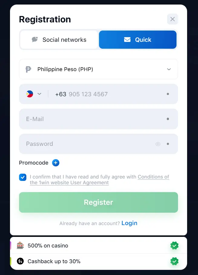 1win registration Philippines